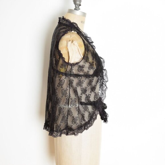vintage 80s lingerie set sheer black lace bra panties bed jacket XS S - Picture 3 of 9